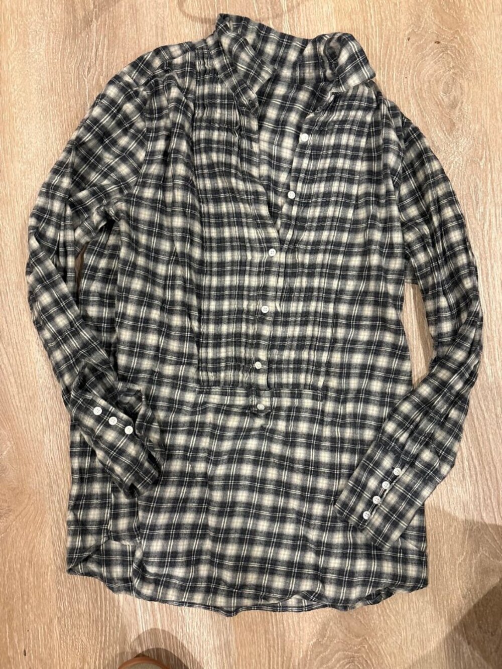 J.Crew Women's Pintuck Flannel Shirt M Black White Green Plaid